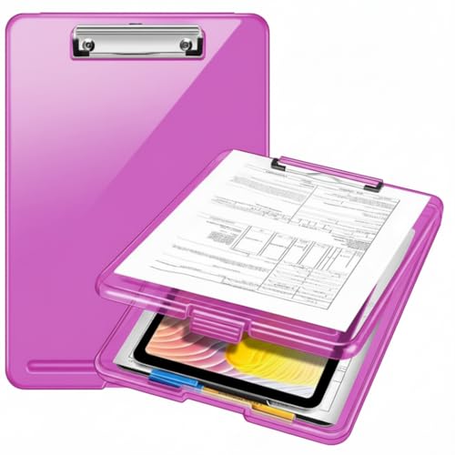Image of Yajnas A4 Size Clipboard with Storage Box | 180 Foldable Exam Pad & Writing Board | Heavy Duty Plastic File Folder with Pen Holder & Paper Storage for Students, Office & Field Use (Magenta)