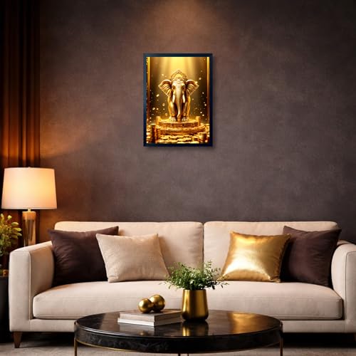 Image of ARTFUL TOY BOX - Golden Elephant Photo Frame Wall Art for Home Decor | Wealth, Power & Good Luck Vastu Feng Shui Wall Decor for Living Room & Office | HD Glossy Print | Premium Fiber Black Frame - 12x18 Inch (30x45 cm) (Design 10)