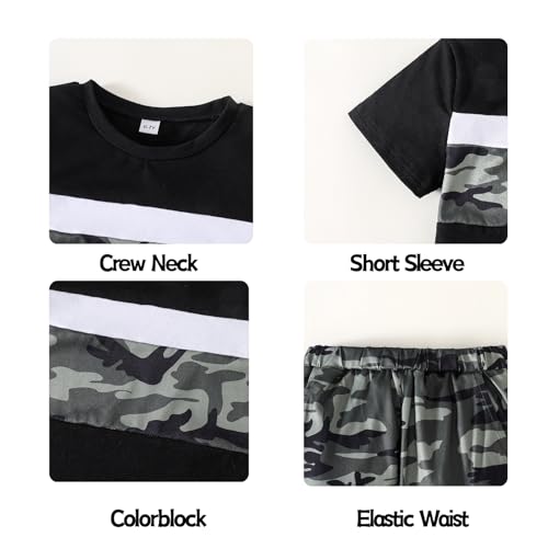 Image of OLMRJKD Boys 2 Piece Outfits Color Block Clothes Short Sleeve T Shirt and Camouflage Pants Summer Clothing Sets