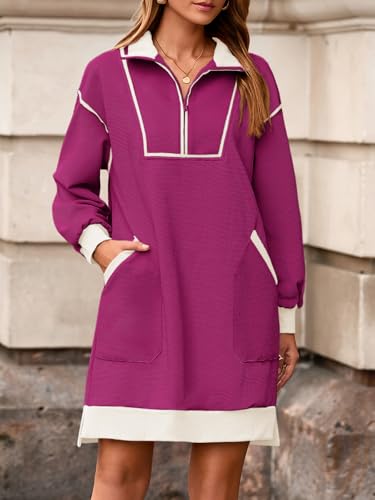 Image of Wenrine Womens Half Zip Sweatshirt Dress Fall V Neck Contrast Mini Dresses
