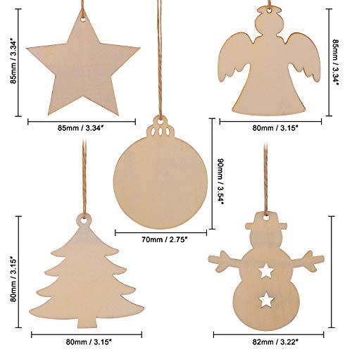 50 Pcs Unfinished Paintable Blank Wooden Christmas Festival Decoration Ornaments, Xmas Tree Hanging Wood Slices For Kids Diy Art Crafts, 5 Designs-Christmas Tree, Snowman, Stars, Angel, Round #TOP3