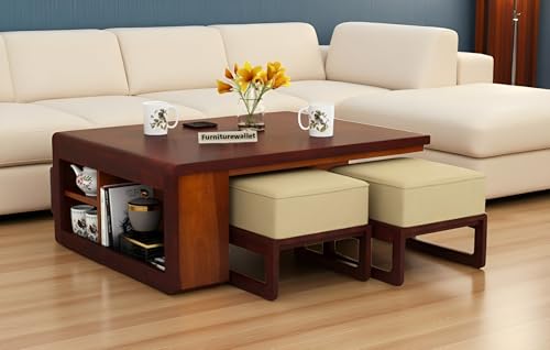 FURNITUREWALLET Wooden Coffee Table with 4 Stools | Center Table ...