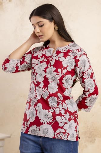 Image of Women's Floral Print Tunic Top, 3 /4 Sleeve, V-Neck, Casual Wear