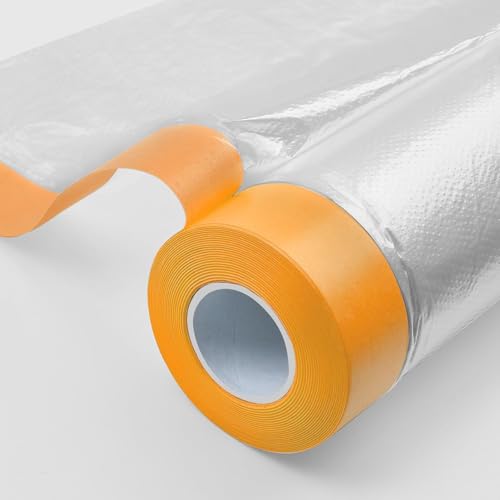 LLPT Abdeckfolie Klebeband mit Folie | 3 Packungen | Maler-Abdeckplane aus Kunststoff für Autowände Möbel Lackierungen und Spritzschutz (MFT551427OR) | Orange 3 Größen (55 cm + 140 cm + 270 cm)