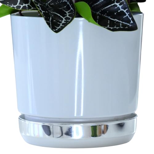 KERD Blumentopf 12 cm Duo Weiß + Silber-Weiß (DUO/111/020), dekorativ, hochwertig, aus Recycling, mit Drainage, mit Untersetzer, handbeklebt, Spiegeleffekt, Hochglanz, modern, glamourös