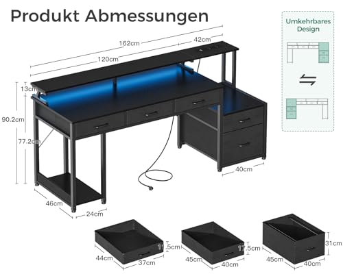 Coleshome Schreibtisch mit 5 Schubladen aus Stoff, Reversibler Gaming Tisch mit Steckdose, Computertisch mit Monitorständer und LED-Leuchten, Home Office Schreibtische, Schwarz, 160x48cm – Bild 4