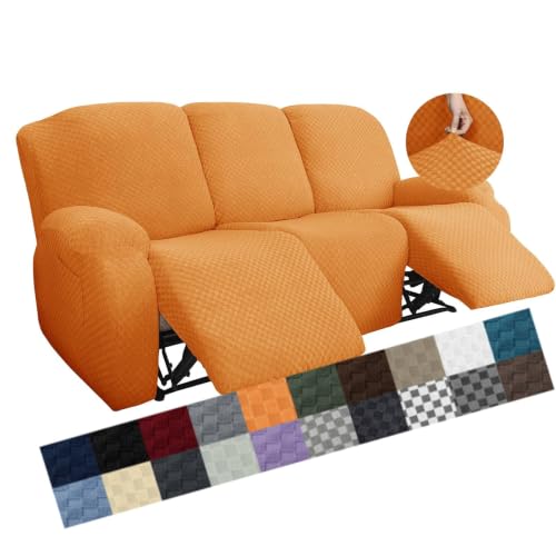 Image of YEMYHOM 8 Pieces Stretch Recliner Sofa Cover Jacquard Reclining Couch Cover with Side Pocket Anti-Slip Fitted 3 Cushion Furniture Slipcovers with Elastic Bottom (Sofa Recliner, Orange)