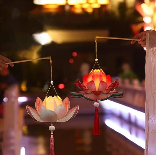 Lotus Lantern Handheld Spring Festival Decor Chinese New Year Flower Lanterns DIY Artificial Lotus Lamp for Hanfu Cosplay,Wedding, Party Decoration(red)