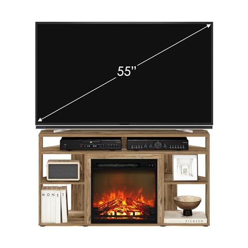 Image of Furinno Jensen Fireplace TV Stand, Corner Entertainment Center, TV Console for TV up to 55 Inch with Fireplace, for Living Room, Bedroom, Flagstaff Oak