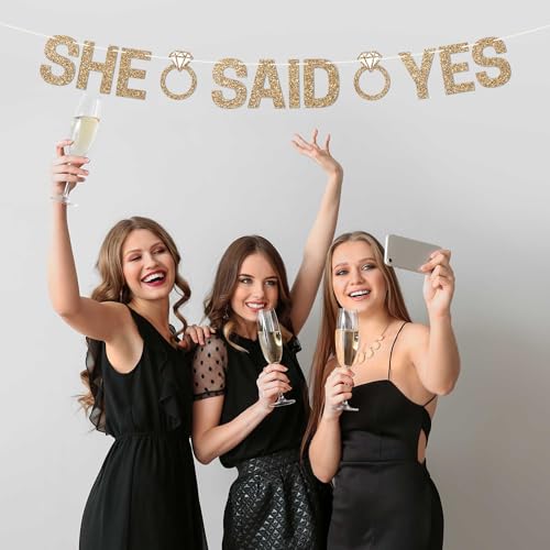 Image of Pre-Strung She Said Yes Banner - Gold Glitter Engagement Bridal Banner | No DIY - Pre-Strung on 10 ft Strand - Just Engaged, Bride to Be, Engagement Party Decorations & Decor