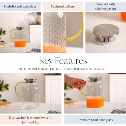 Image of Nestasia Transparent Glass Jug with Steel Lid (1250 ml) - Dishwasher & Microwave Safe Carafe with Dual Opening Strainer Lid - Tall Textured Glass Pitcher for Water, Juice, Hot & Cold Beverages