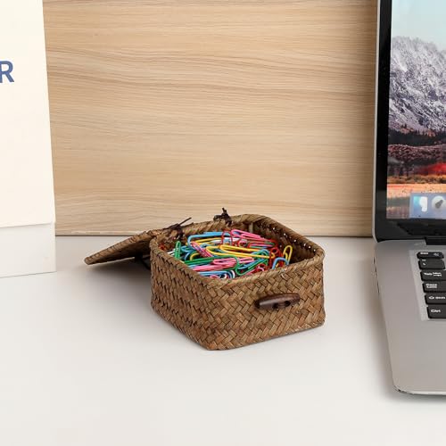Panier de rangement carré en jonc de mer tressé avec couvercle mini