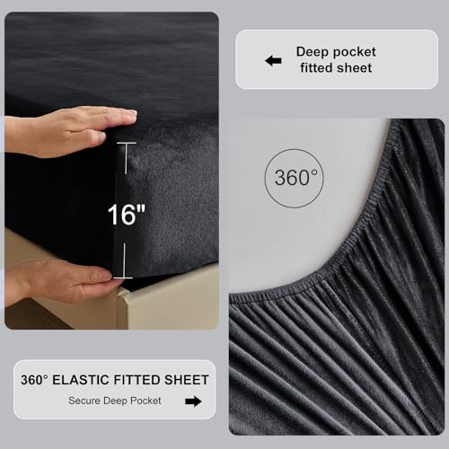 Image of Velvet Plush Flannel Sheet Set - Twin Size 3-Piece - Ruffled Edge Design, 16 Inch Deep Pocket, Anti-Pilling & Fade Resistant - 220 GSM Breathable Luxury All-Season Bedding, Black