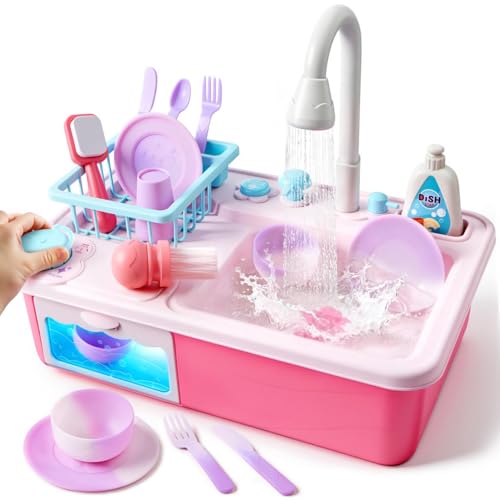 lalalark Color Changing Play Sink with Running Water Toddler Sink with Electric Dishwasher Chopping Sounds and Automatic Water Cycle System Water Table for Toddlers 1-3 Birthday Gift