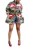 LETSVDO Women's Plus Size Casual Camo Jacket Sequin Lip Print Button Down Shirt Blouse Top with Multi Pockets