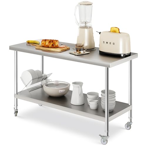 FIDOOVIVIA Stainless Steel Catering Table, 150 x 60 x 80cm Commercial Work Table with 4 Wheels & 250KG Load Capacity Double Layer, Heavy Duty Kitchen Food Prep Table for Restaurant Kitchen Bar Garage