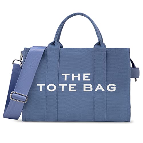 WOOMADA Tote Bag For Women, Canvas Tote Bag with Zipper, Women Shoulder Bag, Casual Tote Purse, Crossbody Bag for Work, Travel(blue)