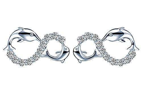 Pendientes de plata de ley 925, Pendientes delfín lindos para mujer, diseño de símbolo de infinito, con circonitas, regalo de cumpleaños de Navidad Cover