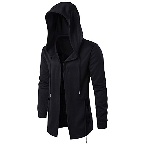 Men's Fashion Hooded Open Edge Long Cardigan with Pockets Long Sleeve Outwear Black