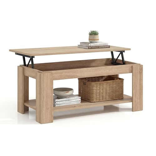 duehome | Mesa de Centro Elevable, Mesa Auxiliar, Modelo LYA, Acabado en Roble Canadian, Medidas: 102 cm (Largo) x 50 cm (Ancho) x 43 54 cm (Alto)