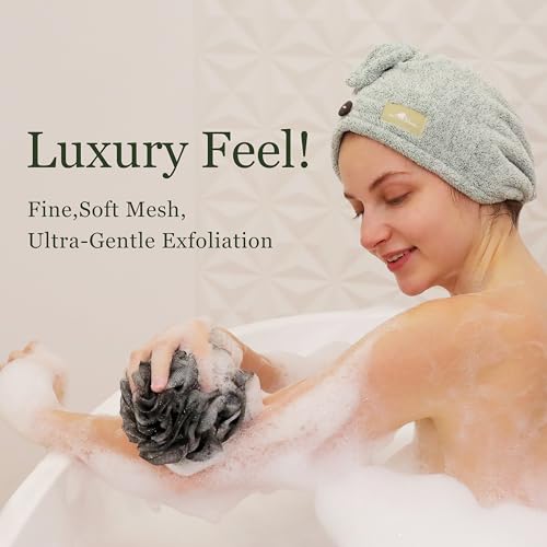 myHomeBody Large 70g Loofah Sponge, Bath Body Scrubber for Women, Men, Exfoliating Shower Pouf with Activated Charcoal - 2 Graphite Gray + 1 Sage Green, 3 Pack - Image 3