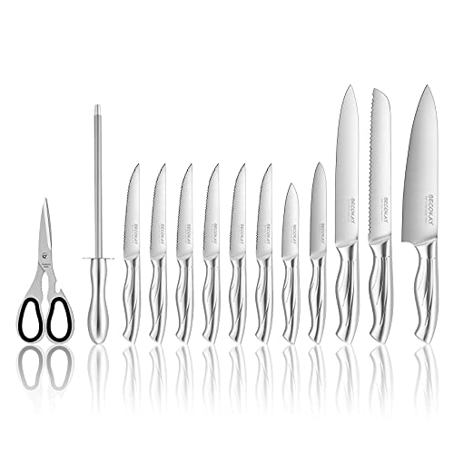 Premium Chef Knife Sets,14-Piece Kitchen Knives With Acrylic Stand, Full Tang Designed, High Carbon Stainless Steel Cutlery With Knife Sharpener & 6 Steak Knives, Ergonomic Handle & Gifted Box(Silver) #TOP1