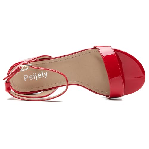 Image of Women's Ankle Strap Sandals, Low Block Heel, Open Toe Summer Dress Shoes with Buckle Closure