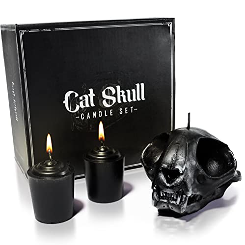 Gavia Cat Skull Candle Set - Scented 3 Pack - Gothic Decor for Bedroom - Goth Decor Home - Spooky Gifts - Skull Decor - Skeleton Decor - Spooky Decor - Black Cat Decor for Home - Coffin Decor Match