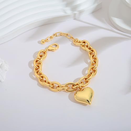 WOWORAMA Gold Heart Bracelets for Women Gold Chunky Link Chain Bracelet Puffy Heart Charm Bracelet Adjustable Thick Chunky Gold Bracelets2
