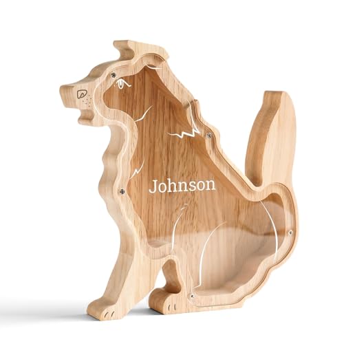 Image of Personalized Wooden Dog Piggy Coin Banks for Kids Name | Custom Gifts for Kids Birthday & Decor, Wooden Cashbox Money Jar Educational Toy for Boys Girls