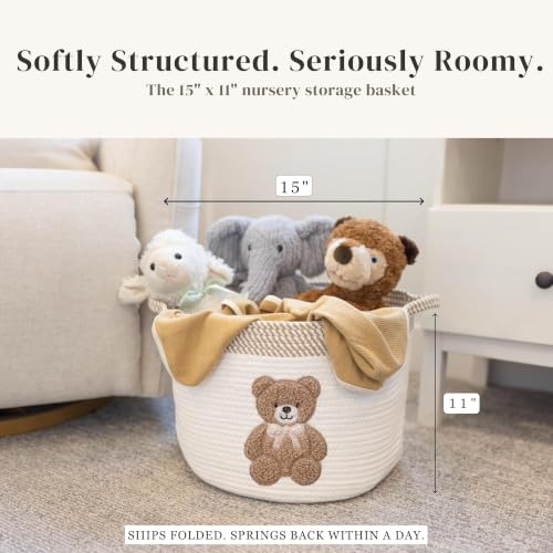 Image of Teddy Bear Baby Storage Basket, Woven Cotton Rope Nursery Bin, 15x11 in | Stuffed Animal and Blanket Storage, Embroidered Bear Patch, Gender Neutral Nursery Decor, Shower Gift, Playroom Organizer