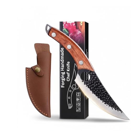 Image of Professional Japanese Chef Knife with Hammered Damascus Steel Blade, Wooden Handle, Premium Kitchen Cutlery, Leather Sheath Included (Wooden Handle)