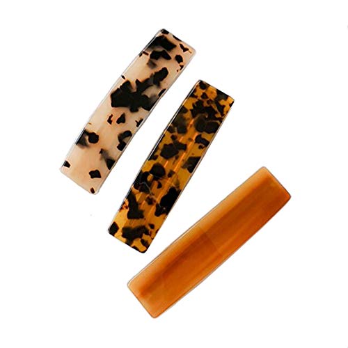 4inch Tortoise Shell Cellulose Acetate Hair Barrettes 3 Pack Large French Design Rectangular Automatic Hair Clip for Women Ladies with 2 Spiral Hair Ties