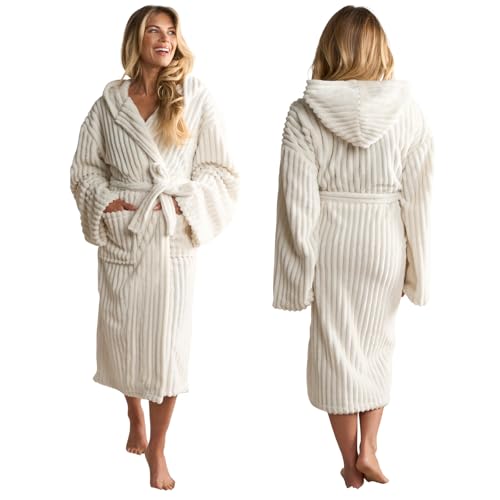 OHS Ribbed Fleece Dressing Gown Womens Mothers Day Gifts Bathrobe with Hood & Pockets Soft Warm Comfy Luxury Oversized Fluffy Ladies Dressing Gowns Cream One Size