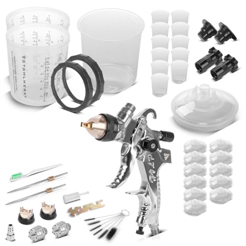 STAHLWERK HVLP Lackierpistolen-Set mit Mischbechern – Lackierpistole SG-250 ST mit Fließbecher, Reinigungs-Set, Düsensatz 1,4/1,7/2,0 mm, Druckluftpistole inkl. 25-teiligem Mischbecherset, 650 ml