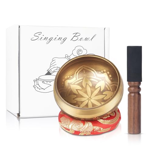 Kmise Tibetan Singing Bowls Set- Handmade in Nepal Meditation Sound Bowls for Yoga, Meditation, Mindfulness, Healing and Chakra Balancing, Stress Relief (3.5', Gold Flower)