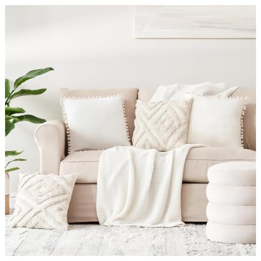 NAIMDECOR Set of 4 Cream Boho Throw Pillow Covers 18x18 Decorative Pillows for Couch - Farmhouse Pillow Covers with Soft Velvet Pom Poms and Tufted Linen Designs