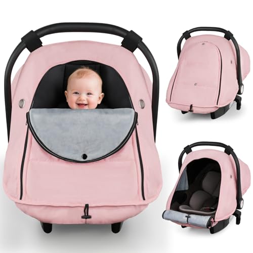 Image of Metplus Winter Car Seat Cover Baby,Waterproof Carseat Covers Baby Boy Girl,Breathable Infant Car Seat Cover Canopy,Windproof and Warm Stroller/Carrier Covers for Winter Newborn Essentials,Pink
