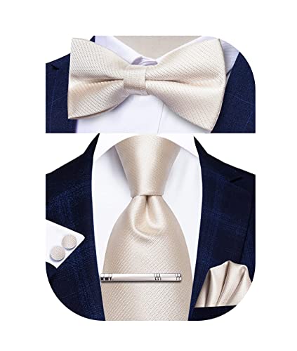 Image of Hi-Tie 5Pcs Mens Solid Color Silk Tie Satin Pretied Bowtie Lapel Pin for Men Handkerchief Cufflink Wedding Gift Box