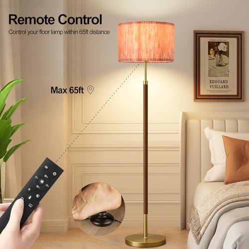Image of Wood Floor Lamp with 3 Color Temperatures,Vintage Floor Lamp with Remote Control,Dimmable Farmhouse Floor Lamp Mid Century Modern Standing Lamp Farmhouse Tall Pole Lamp for Living Room Bedroom
