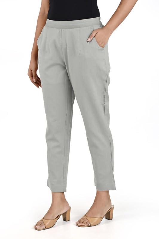 Image of Women's Solid Straight Fit 100% Cotton Trousers | High Waist, Side Pockets, Ankle Length Pants for Office, Casual