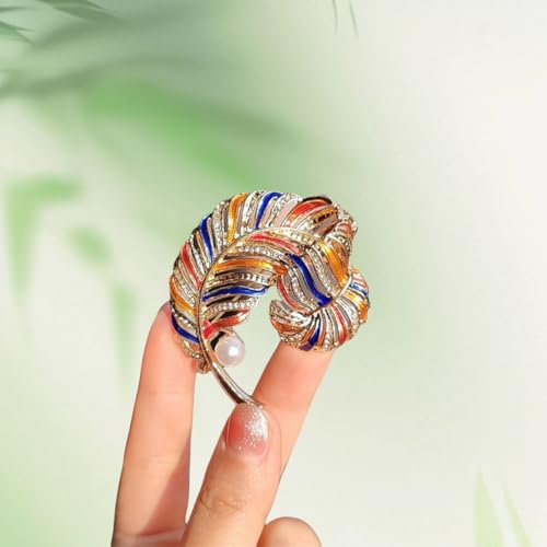 Image of Colorful Feather Brooch Pin with Crystal Rhinestones Pearl Gold-Tone Blue Orange Yellow Brooch Pin