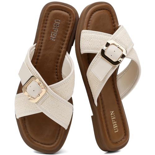 Image of UBFEN Womens Square Toe Flat Sandals Slides Dressy Comfortable for Beach