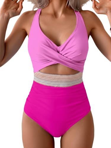 Image of B2prity Women's One Piece Swimsuit Tummy Control High Waisted Bathing Suit | Color Block,Removable Soft Cups,Cutout,V neck,Full Coverage,Adjustable Criss Cross Straps,Tie Back