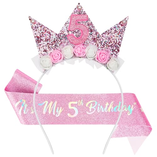 AOOTE Corona de cumpleaños para niñas de 5 años,Diadema de Cumpleaños para niña y Banda de Purpurina,Diadema de Cumpleaños Corona con Flores Rosas y Purpurina,Regalo para Cumpleaños Niñas