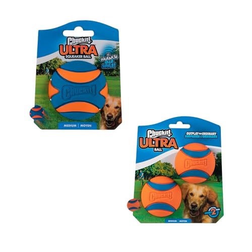 Image of Chuckit! Ultra & Squeaker Ball Dog Toy - Medium Bouncy Fetch Balls for Dogs 20-60 lbs - Made from Durable Rubber - Floating Water Pet Toys - Size Medium - 2.5-inch Diameter - Pack of 3