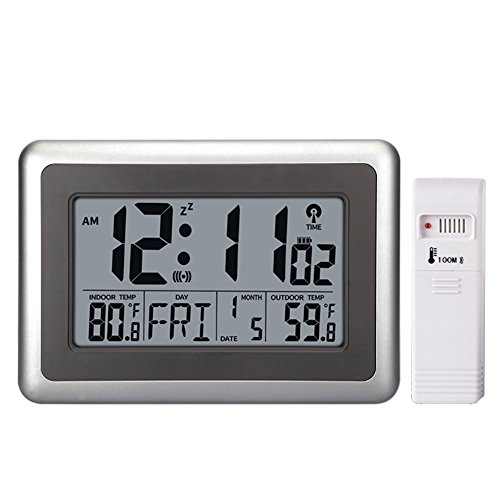 OCEST Digital Wall Clock,Desk Alarm Clock Large LCD Display Battery Operated with Wireless Sensor Indoor/Outdoor Temperature Date Calendar Snooze Table Standing (Silver)