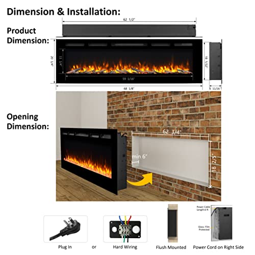 Puraflame Alice 68 Inches Recessed Electric Fireplace, Flush Mounted For 2 X 6 Stud, Log Set & Crystal, 1500W Heater, Black #TOP5