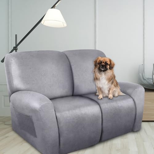 Image of ANARACHON Loveseat Recliner Cover Leather Look Recliner Loveseat Covers Recliner Sofa Cover for 2 Seater Reclining Couch Spandex Fabric Washable 6 Pieces (2 Seater, 01 Marbling)
