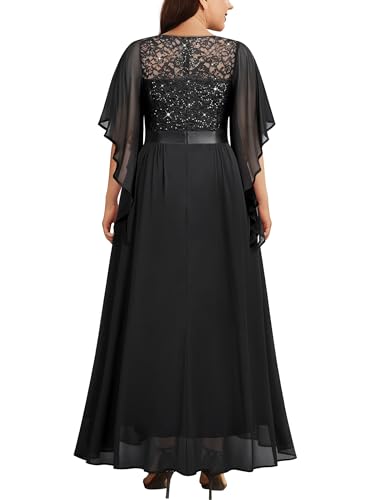 Miusol Women's Plus Size Sequin Lace with Ruffle Cape Cloak Sleeves Elegant Evening Wedding Party Maxi Dress2